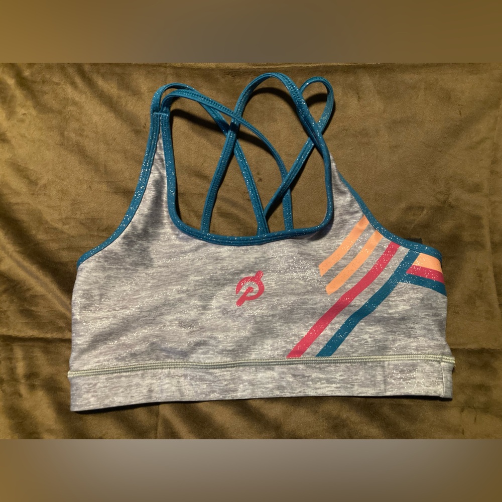 Peloton Women's Gray Sports Bra with Multicolor Stripes, size medium,